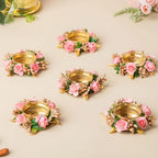 Divyakosh Metal Flower Tea Light Holder Stand Set of 6 Pcs with Wax Candle for Diwali,Rangoli,Handmade Tlight for Deepawali Decoration,Diya for Home Decor|Designer Holders,Multicolour