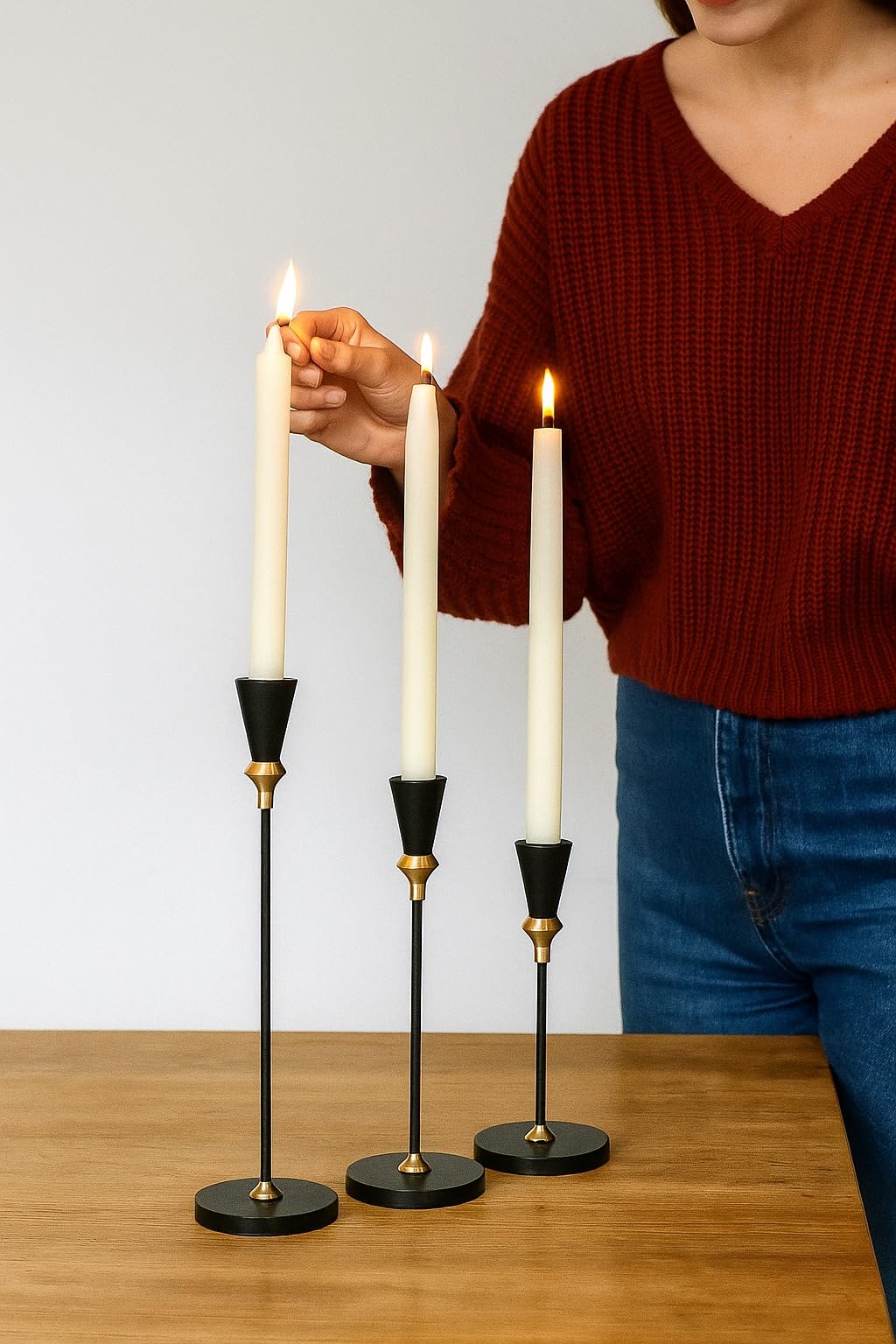 FIDEO Royal Chapel Elegance Acrylic Black Candle Holders Set of 3 | Gold Finish Taper Candle Stand | Premium Decorative Candle Holder for Dining Table Christmas Home Decor Gifting