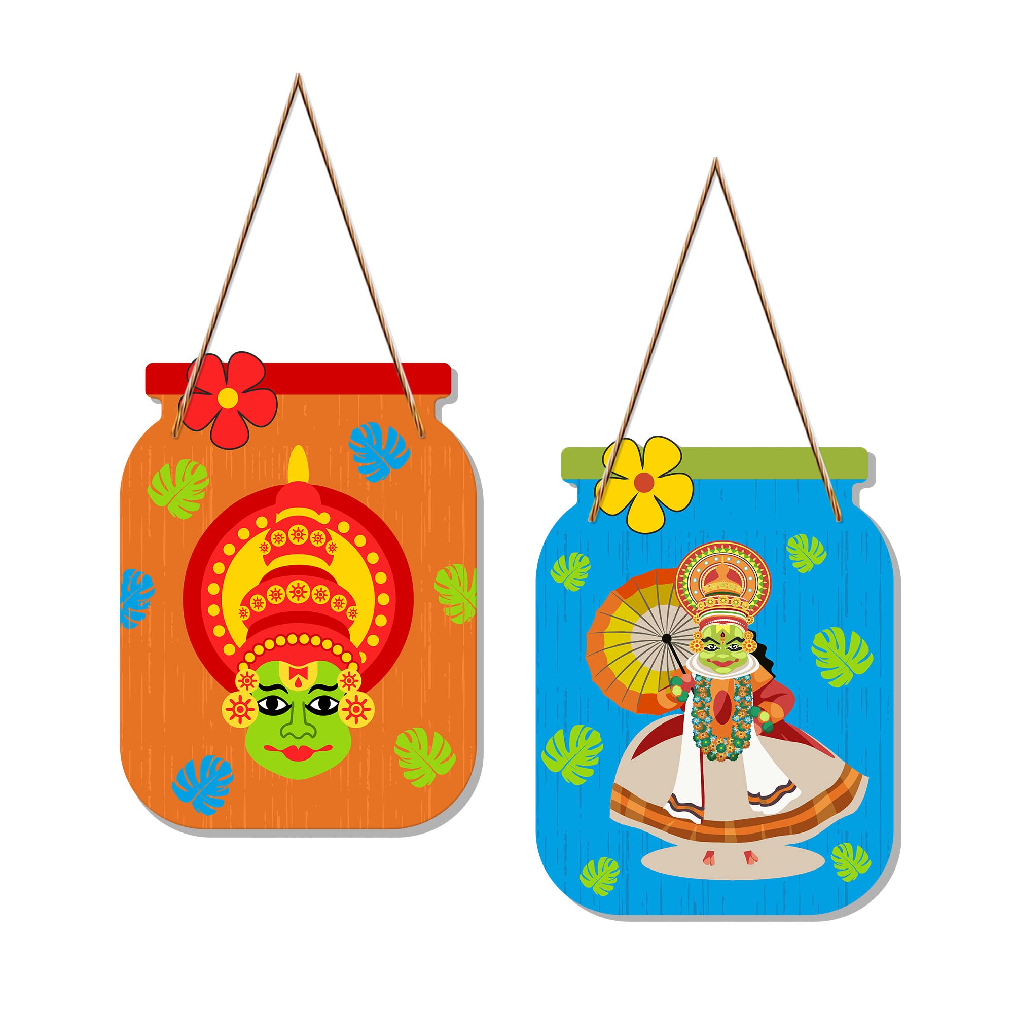 Artvibes Kathakali Cultural Dance Wooden Wall Hanging Art Item For Living Room | Wall Art For Hall | Wall Poster | Graphic Artwork | Ethnic Wall Decor | Gift Items (WH_6813N), Set of 2