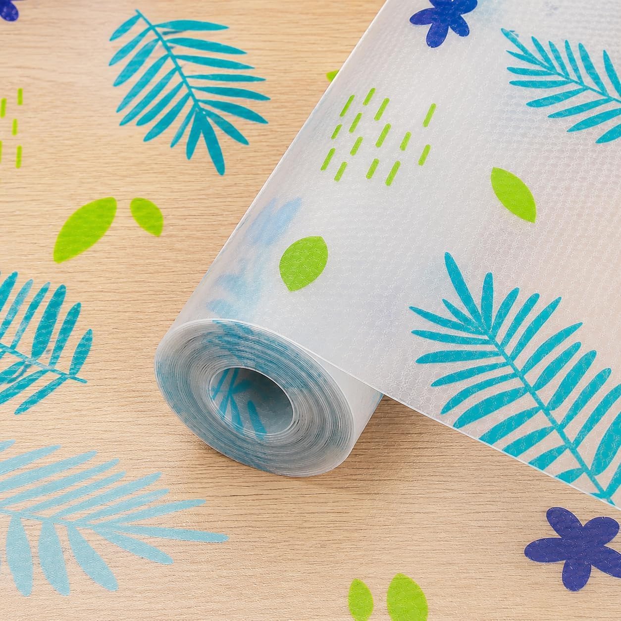 EVA Fridge Shelf Liner Roll, Washable Drawer Mat Sheet, Cut-to-Size Cabinet & Refrigerator Shelf Protector, Food Contact Suitable Multipurpose Kitchen Table Liner Roll, 3 Meter (Blue_Flower) Kafalo