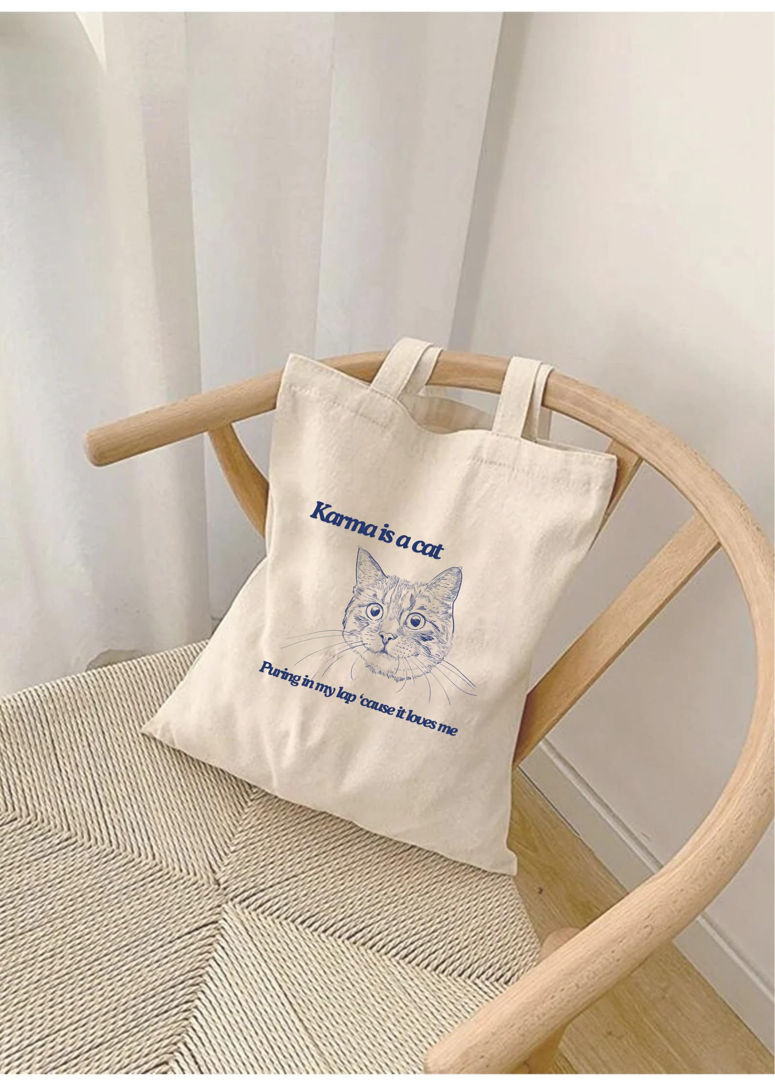 THE UMBRELLA STORE Cotton Canvas Tote Hand Bag with Pocket | Reusable Shopping Carry Bag With Print Karma is a cat