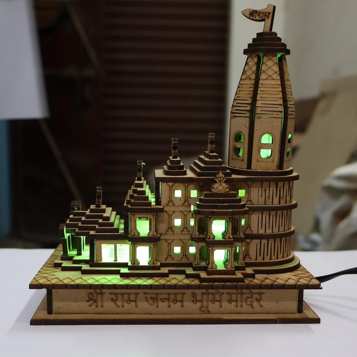 A & S VENTURES Wooden Ram Mandir Ayodhya Model Authentic Design Ideal for Home Temple, Home Decor & Gifts (with LED Light)