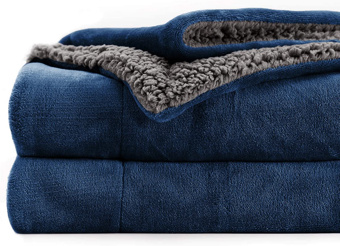 BSB Home Polyester Micromink Summer Ac/Mild Winter/Heavy Winter Sherpa Blanket Super Soft Flannel Solid/Plain, Blue & Grey, Size 220 X 228 Cms (Approx 7.4 X 7 Ft) (Double), 200 TC Kafalo
