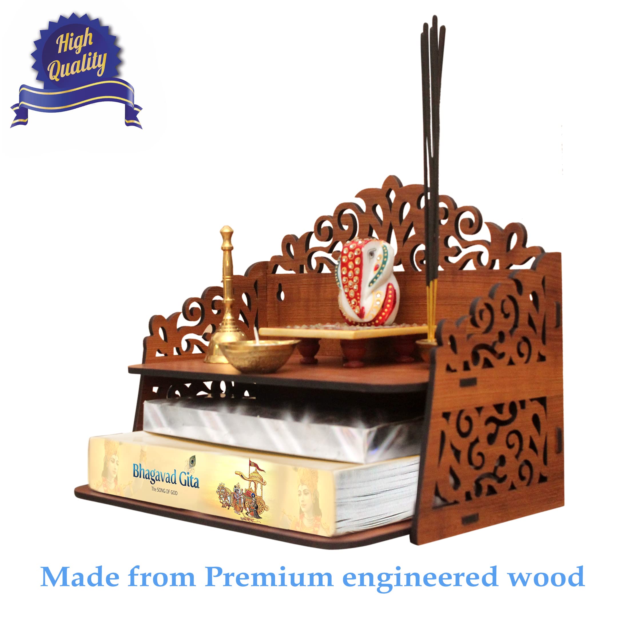 Heartily® Navrang Beautiful Wooden Pooja Stand for Home Mandir and Office Puja - Wall Product (H-9.5, L-12, W-8.5 Inch)