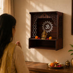 The Divine Tales Classic MDF Om Wall Mandir Wooden Wall Mounted Pooja Mandir for Home Temple with Engraved Om Floral Design Prayer Shelf for Idols Diyas Incense Sticks Modern Home Decor 10 Inch
