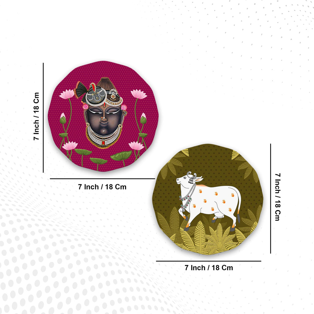 Artvibes Shrinath Ji & Sacred Cow Pichwai Art Round Shape MDF Wooden Wall Decor Items | Living Room | Handcrafted Art | Wall Poster | Aesthetic Wooden Decor | Art Print | Gifts (WH_8808N), Set of 2