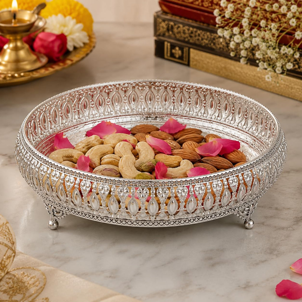 SGR Handicrafts Decorative German Silver Tray Set | Handcrafted Designer Gifting & Serving Trays | Premium Metal Display for Home Decor, Festivals & Special Occasions (Set of 4 (6+8+10+12 Inch))