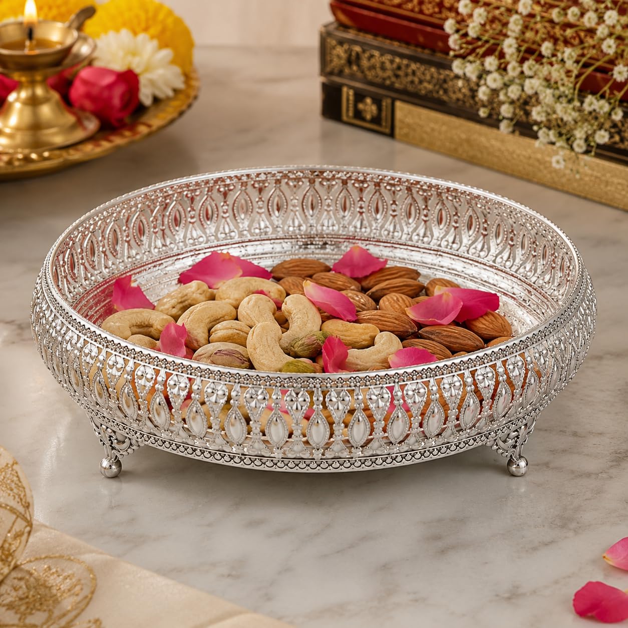 SGR Handicrafts Decorative German Silver Tray Set | Handcrafted Designer Gifting & Serving Trays | Premium Metal Display for Home Decor, Festivals & Special Occasions (Set of 4 (6+8+10+12 Inch))