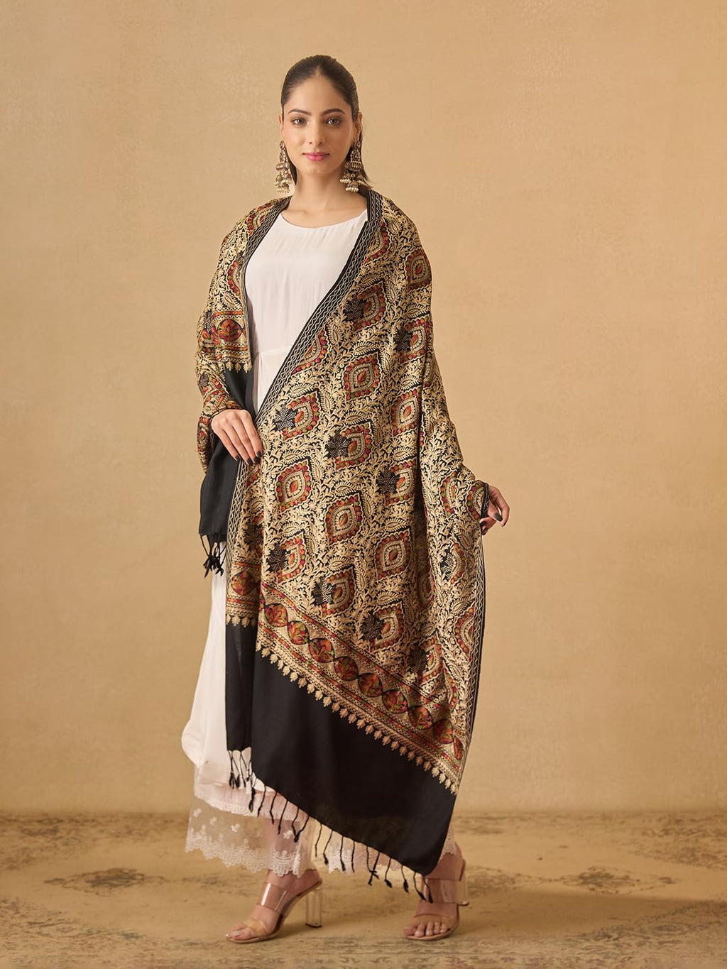 Pashmoda Women Ornate Harmony Fine Wool Nalki Embroidered Stole (Size : 28x80in, 71X203cm) EMST03