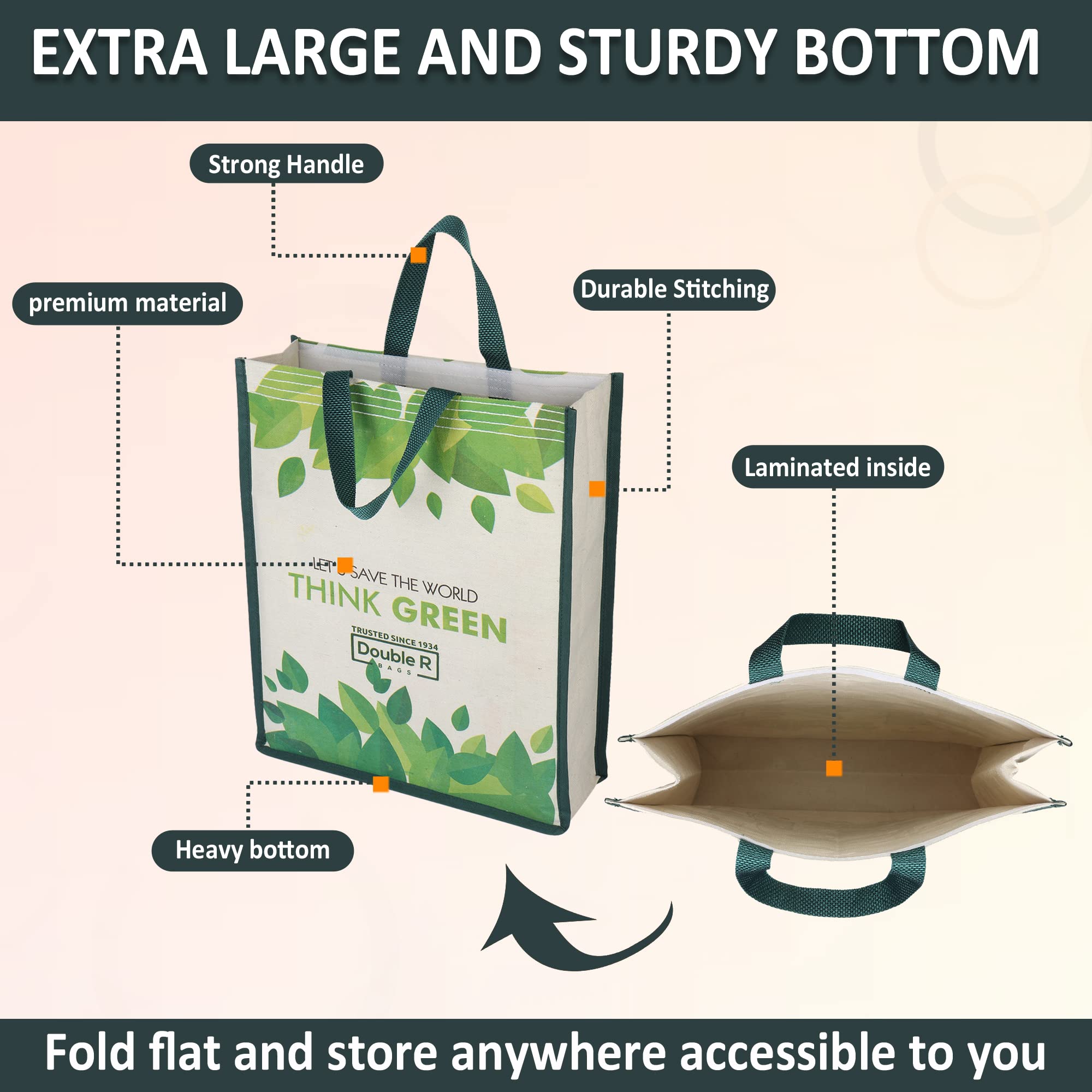 DOUBLE R BAGS Unisex Eco-Friendly Reusable Cotton Canvas Casual Bag with Reinforced Handles (Think, 40.6x35x10 cm) | Multi-Purpose Grocery, Kitchen Essentials, Fruits & Veggies Bag | Pack of 1