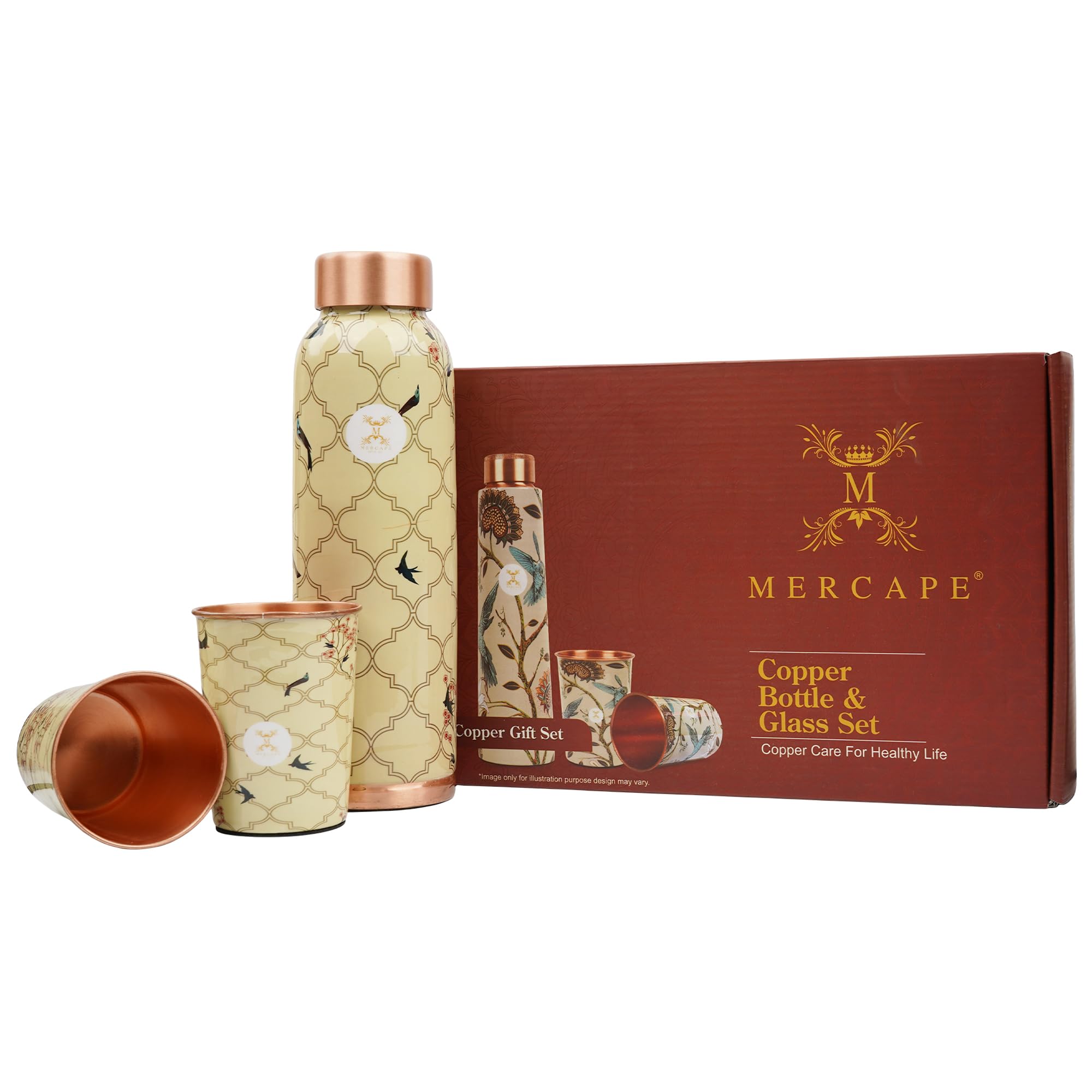 MERCAPE Vintage Swallow Meena Print Pure Copper Water Bottle 950 ml with 2 Copper Glasses (300 ml Each) | Printed Copper Bottle & Glass Set | Suitable for Home, Office & Gifting