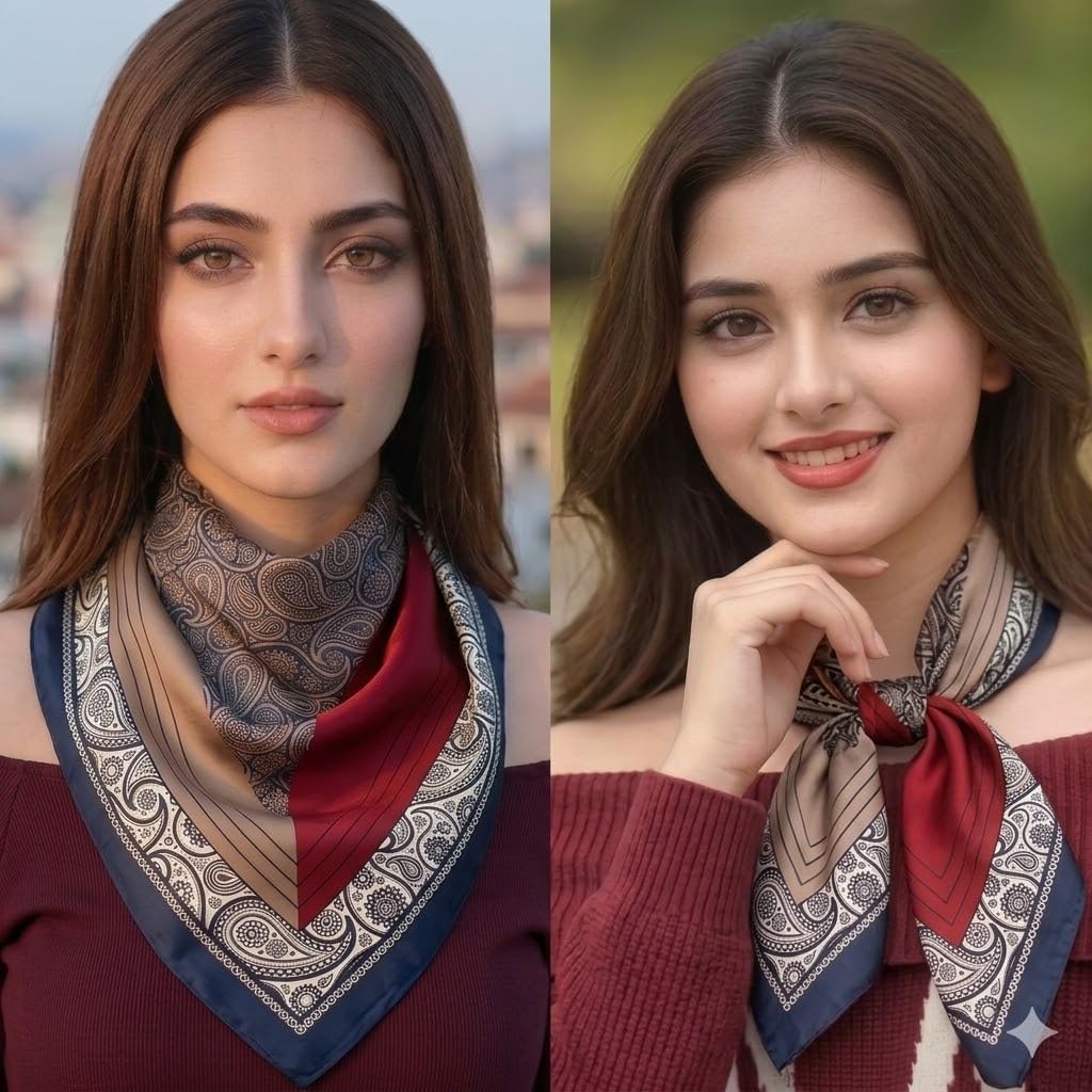 Etietnic Satin Square Head Scarf for Women,RED&GREY Printed