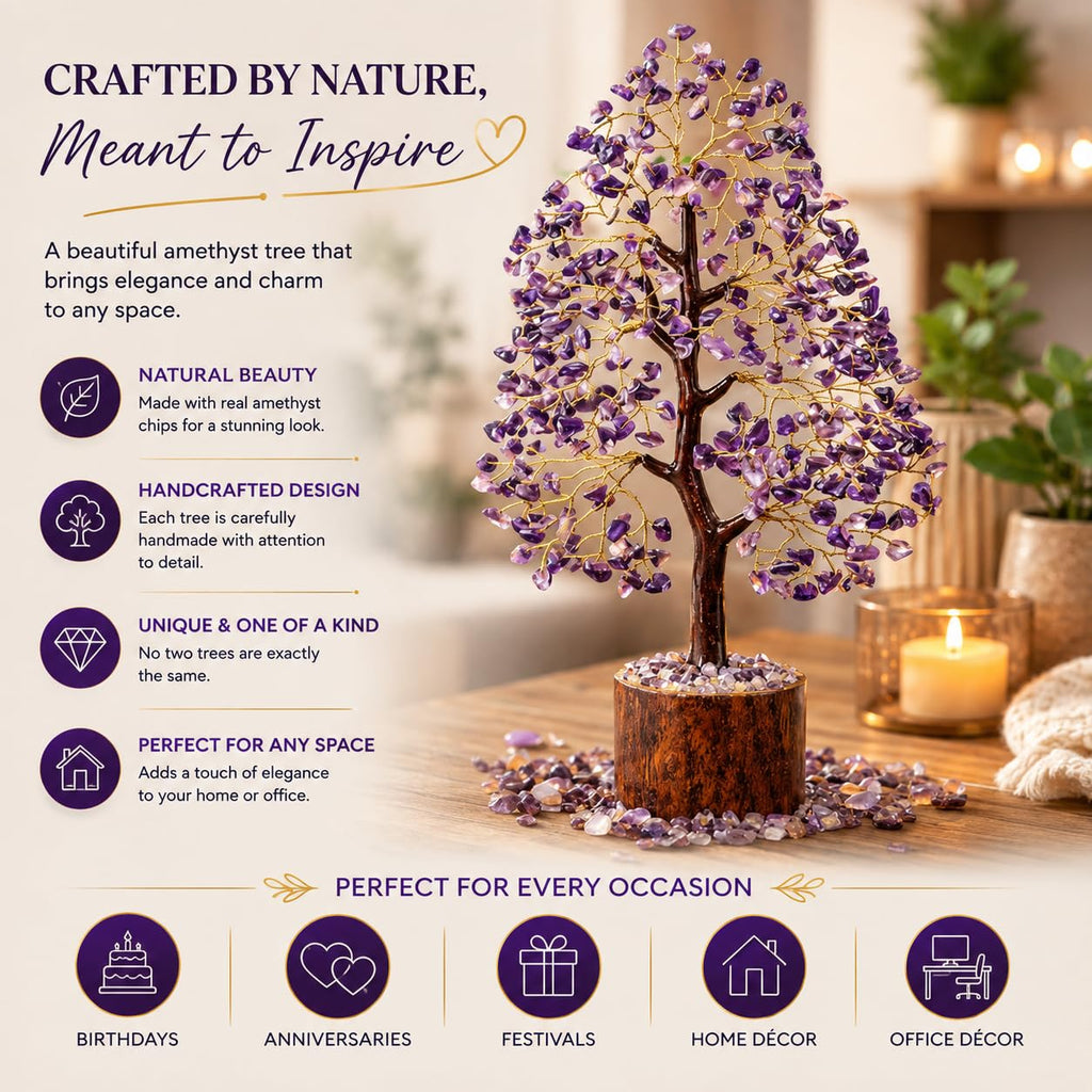 LXOMES Amethyst Crystal Tree, Natural Amethyst with Golden Wire, 10 Inch