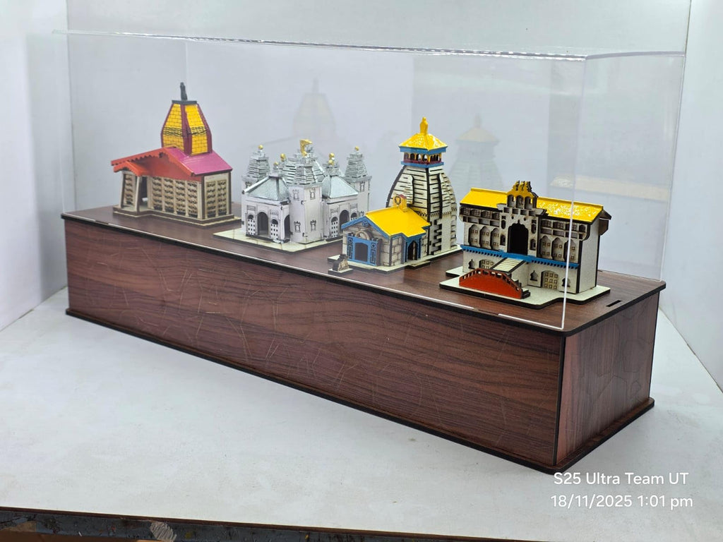 Wooden Chardham Mini Set Acrylic, Decorative Temple Model Collection with Display Case 18inch