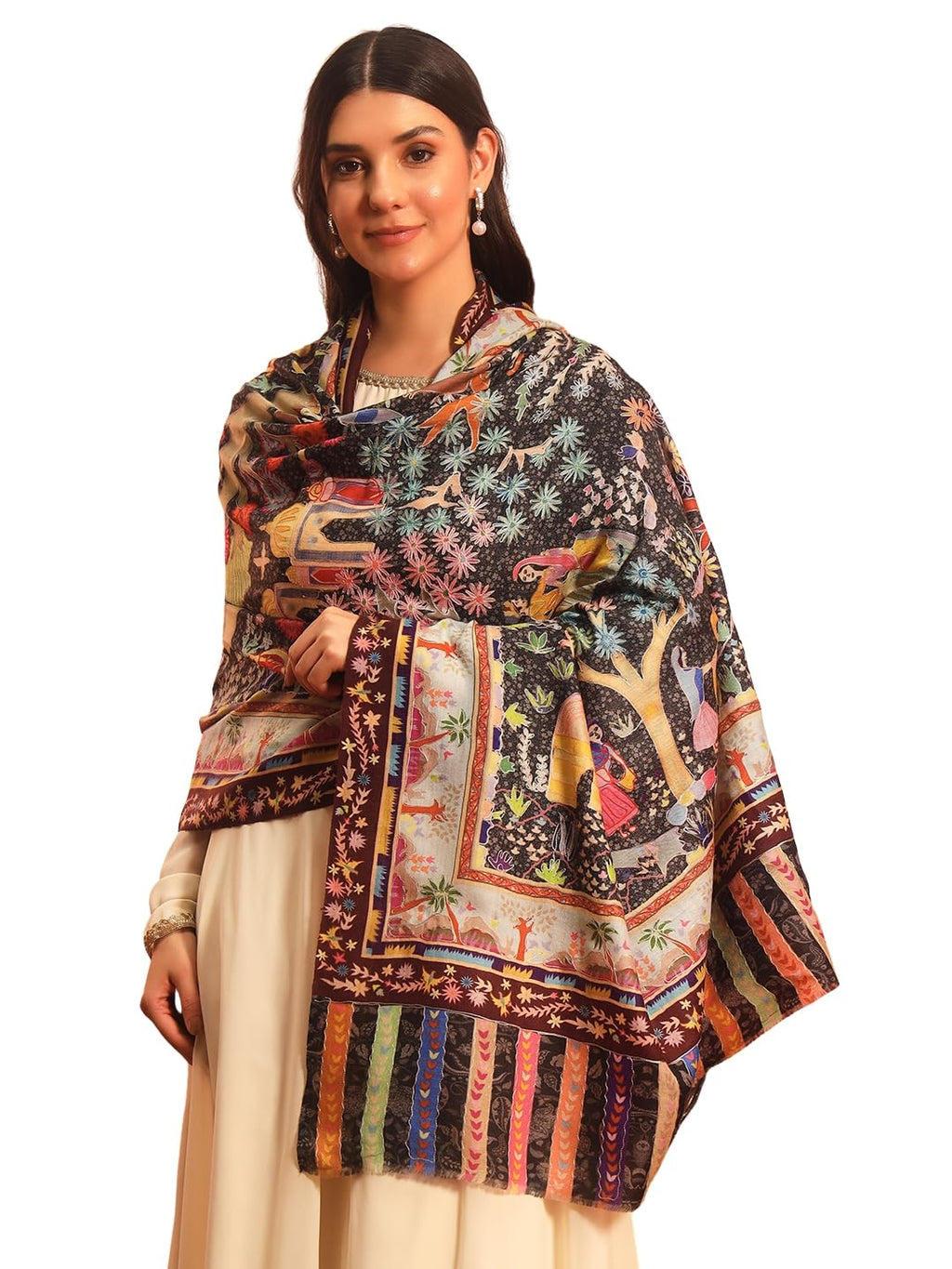 Pashmoda Women Naqshkaar Fine Wool Fabric Pashmina Kalamkari Embroidered Shawl (Size: 40x80in, 101x203cm) KAS12