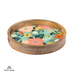 ABEER HOME Mango Wood Round Serving Tray - 12 x 12 Inches | Green Floral Design Decorative Wooden Serving Platter for Snacks, Sweets, Coffee, Tea & Home Décor | Durable Kitchen Tray for Gifting