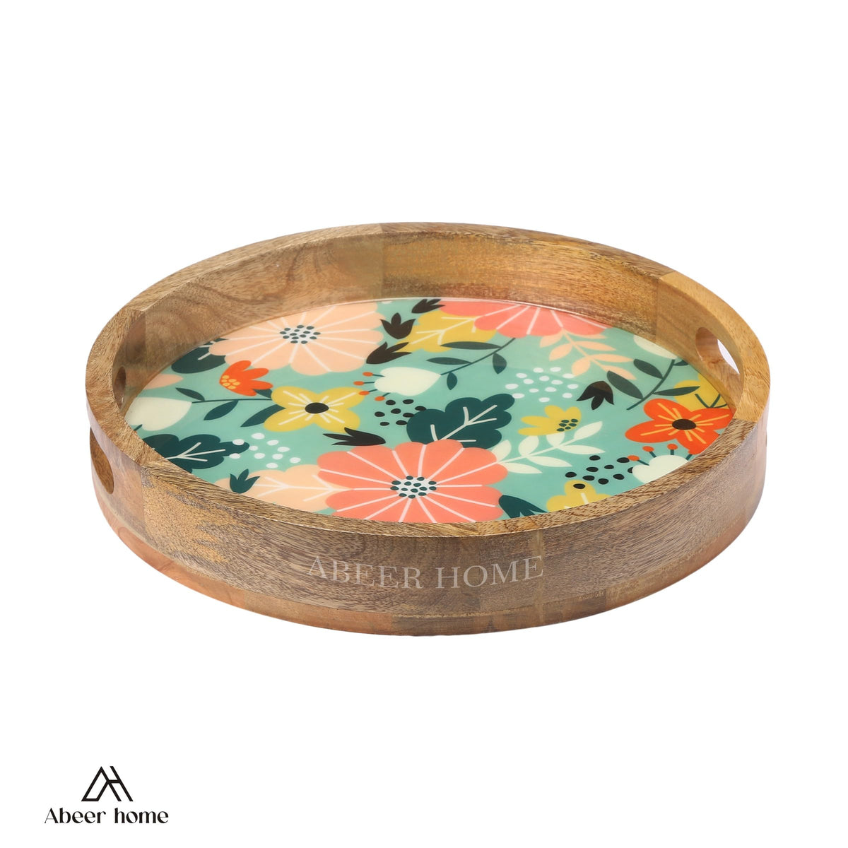 ABEER HOME Mango Wood Round Serving Tray - 12 x 12 Inches | Green Floral Design Decorative Wooden Serving Platter for Snacks, Sweets, Coffee, Tea & Home Décor | Durable Kitchen Tray for Gifting