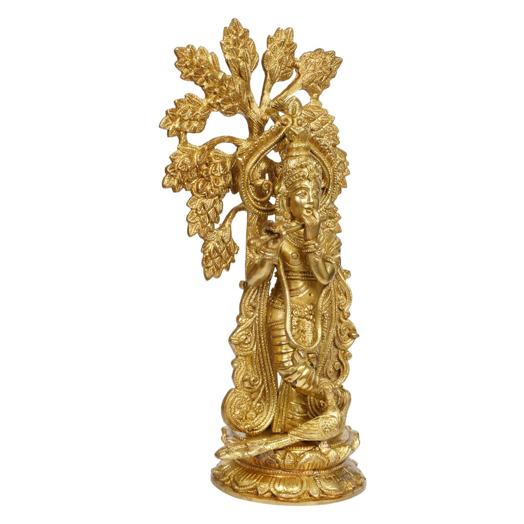 ARTVARKO Brass Krishna Idol Playing Flute with Peacock Under The Kadamba Tree, Height 15 Inches.