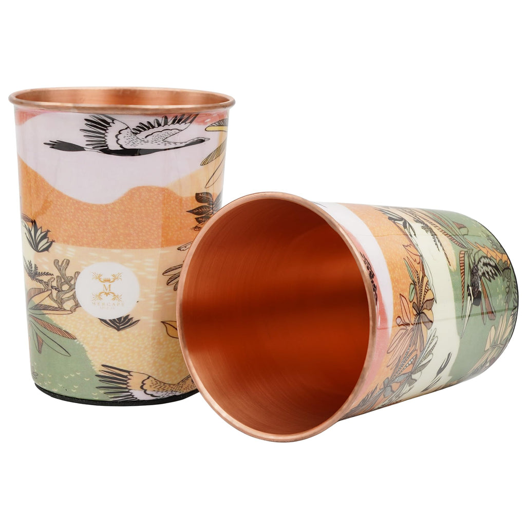 MERCAPE® 100% Pure Copper Glasses Set of 2 | Designer Meena Print | 300ml Each | Ayurvedic Benefits | Handmade Copper Tumblers for Daily Use & Gifting (Multiple Designs) (Japanese Crane Design)