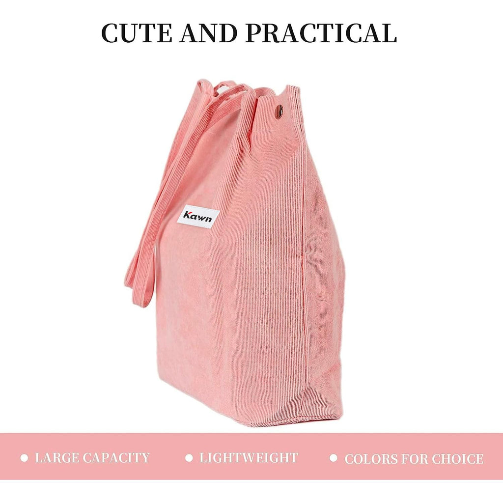 Kawn Women Corduroy Western Tote Bag Canvas Shoulder Cord Purse Reusable Shopping Bag Grocery Bag Large Capacity Washable Handbag Girls Shoulder Bag With Inner Pocket For Daily Use Work Travel (Pink)