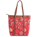 KALOOM Women’s Tote Bag with Zip Closure | Cotton Canvas & Vegan Leather Shoulder Bag | Spacious Printed Handbag with Outer Pocket for Office, Travel & Daily Use (Red)
