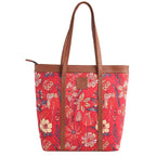 KALOOM Women’s Tote Bag with Zip Closure | Cotton Canvas & Vegan Leather Shoulder Bag | Spacious Printed Handbag with Outer Pocket for Office, Travel & Daily Use (Red)