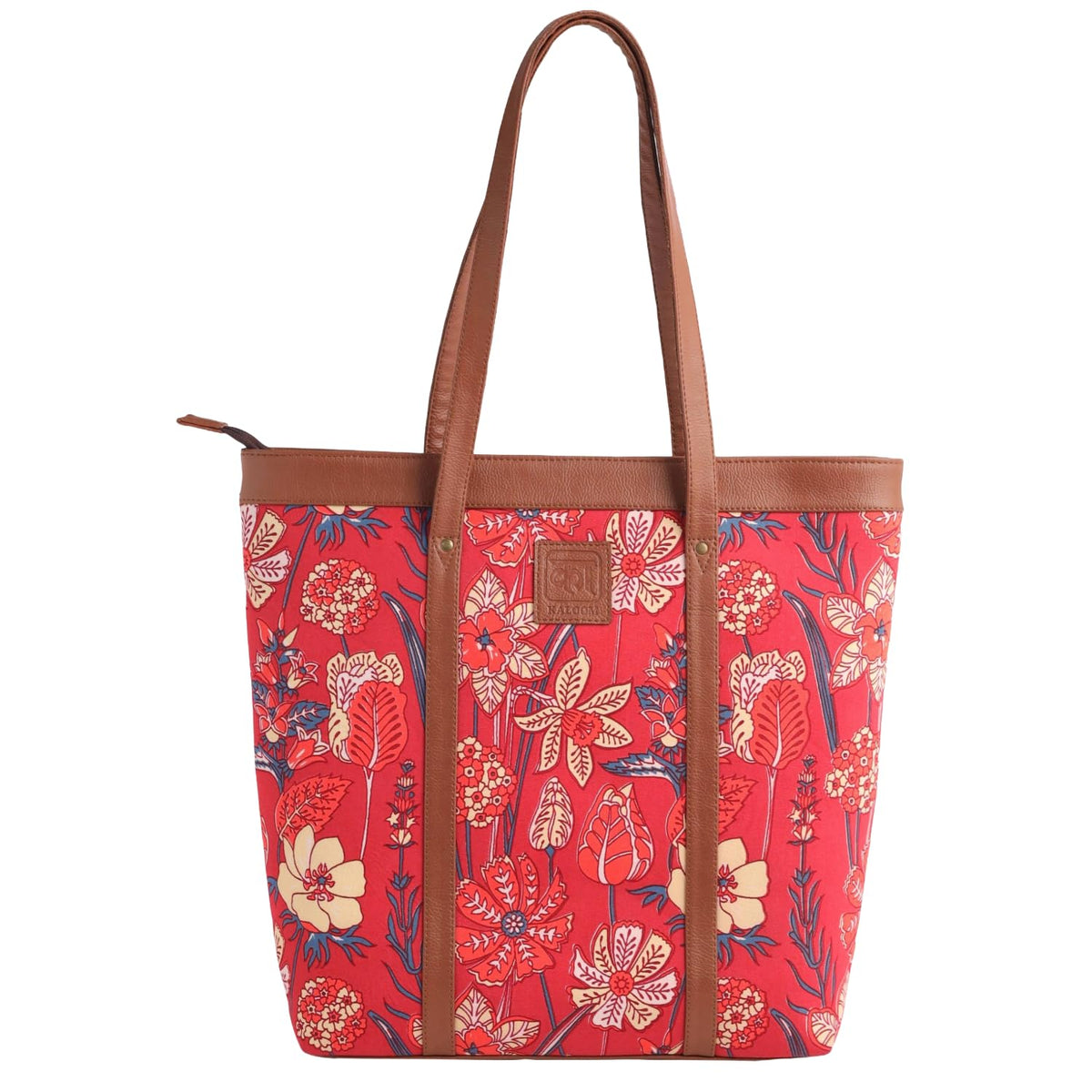 KALOOM Women’s Tote Bag with Zip Closure | Cotton Canvas & Vegan Leather Shoulder Bag | Spacious Printed Handbag with Outer Pocket for Office, Travel & Daily Use (Red)