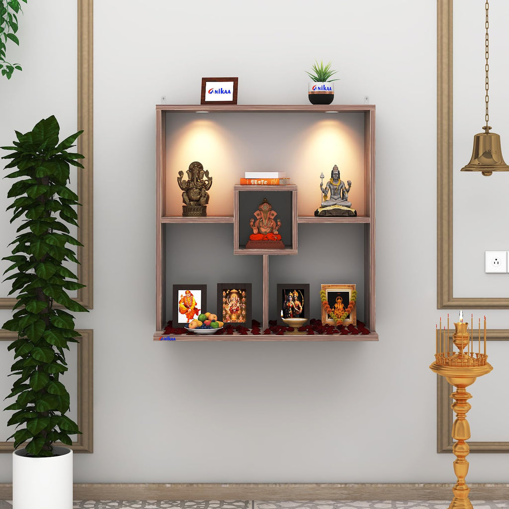 Anikaa Shelly LED Light Wall Mounted Hanging Puja Temple Shelf Stylish Engineered Wood God Stand for Pooja Room Mandir Stand for Temple (Coachwood) D.I.Y