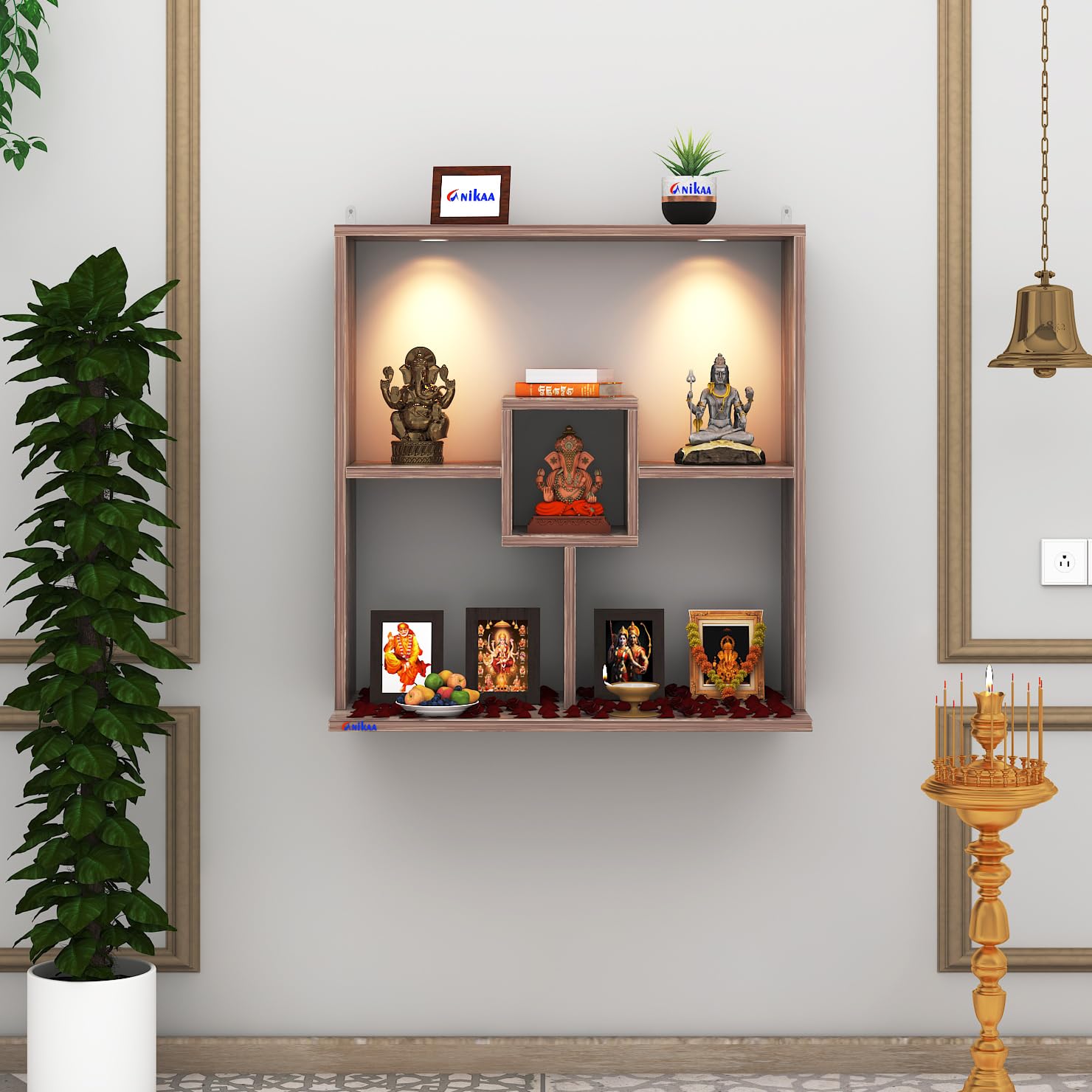 Anikaa Shelly LED Light Wall Mounted Hanging Puja Temple Shelf Stylish Engineered Wood God Stand for Pooja Room Mandir Stand for Temple (Coachwood) D.I.Y