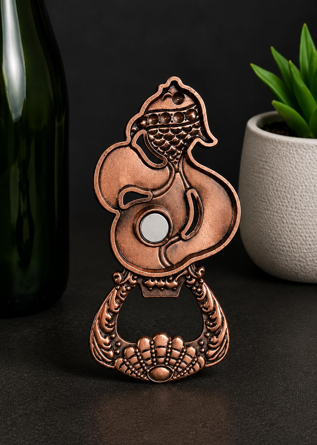 DECOR NEST Luxury Fish Bottle Opener with Refrigerator Magnet | Decorative Metal | Beer Opener with Crystal Stone Embellishments | Vintage Style Home Bar Accessory (Green Copper Fish)
