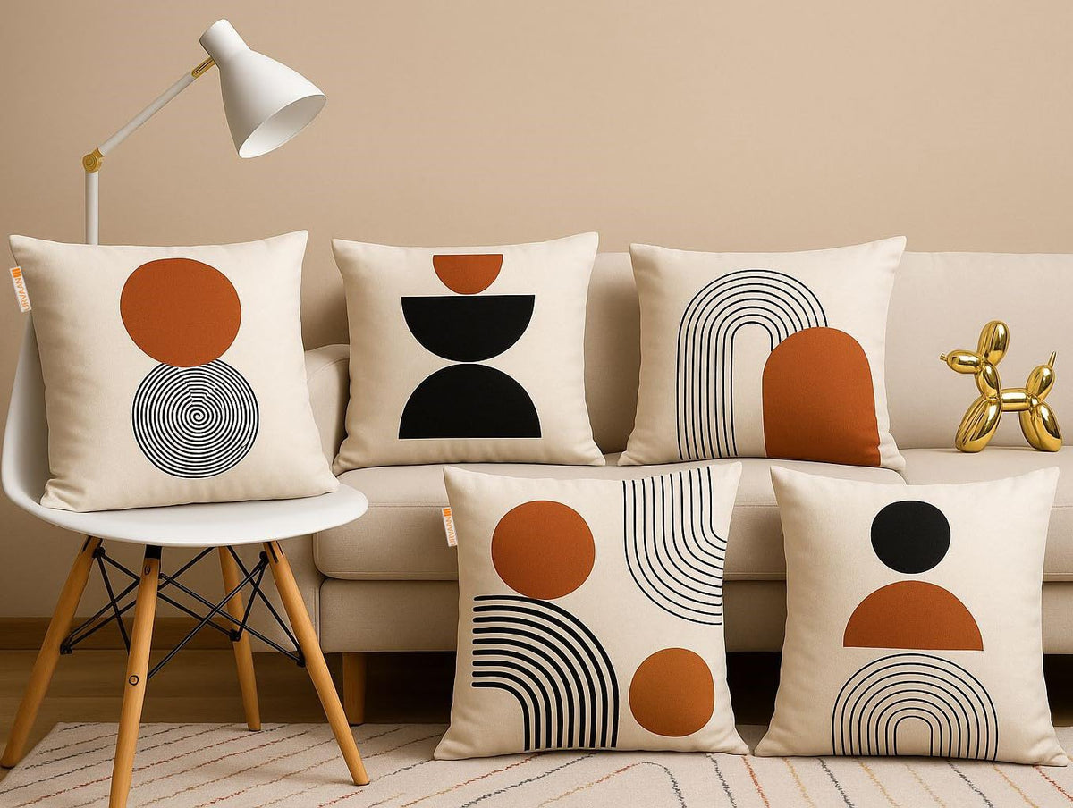Urvaan Set of 5 Jute Boho Geometric Cushion Covers, 16 x 16 Inch, Beige Multicolour