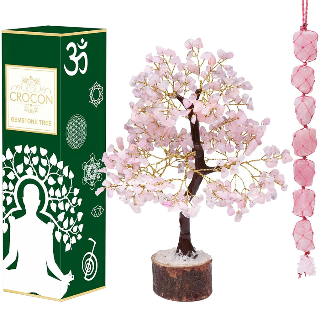Crocon Rose Quartz Chakra Tree of Life, Crystal Tree - Handmade Gemstone Tree, Feng Shui Tree, Crystal Decoration, Artificial Tree, Spiritual Gift, Money Tree Bonsai, Rose Quartz Tumble Hanging