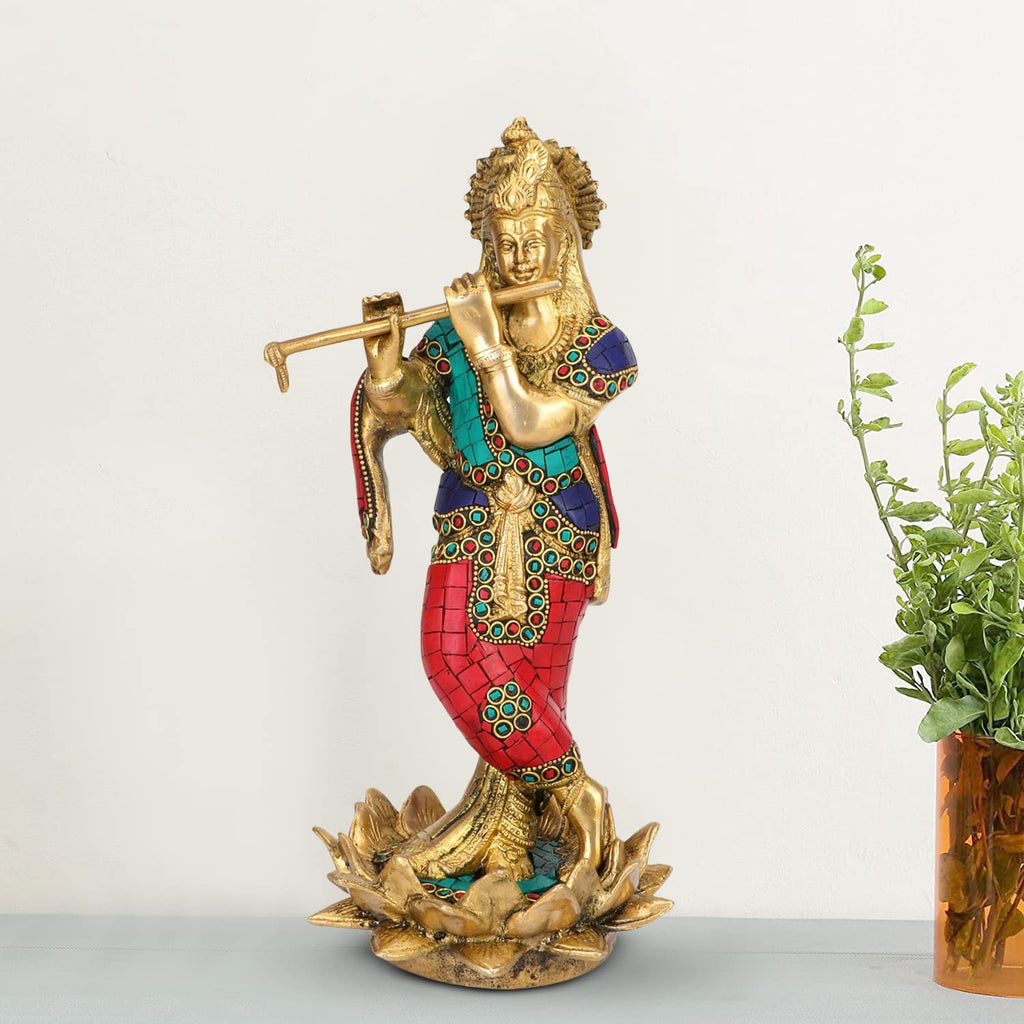 ARTVARKO Brass Murti Lord Krishna Bhagwan Statue Playing Flute on Lotus Home Decor Pooja Mandir Temple Gift Height 11 Inch