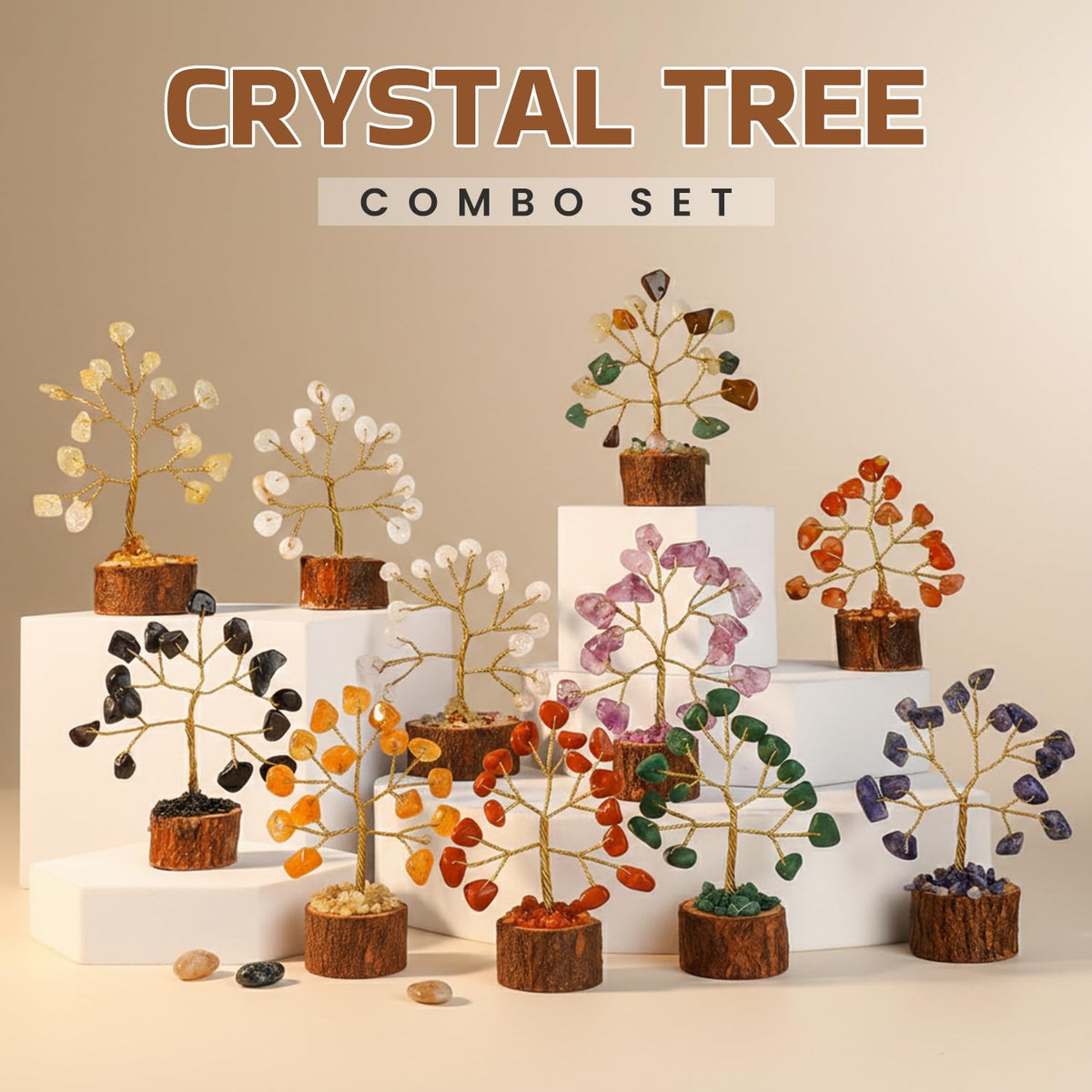 BHAGYA G Natural Crystal Mini Money Tree Set of 12 Crystal Trees with Different Gemstones for Good Luck Office and Home Decore Wealth Vastu Prosperity Decoration