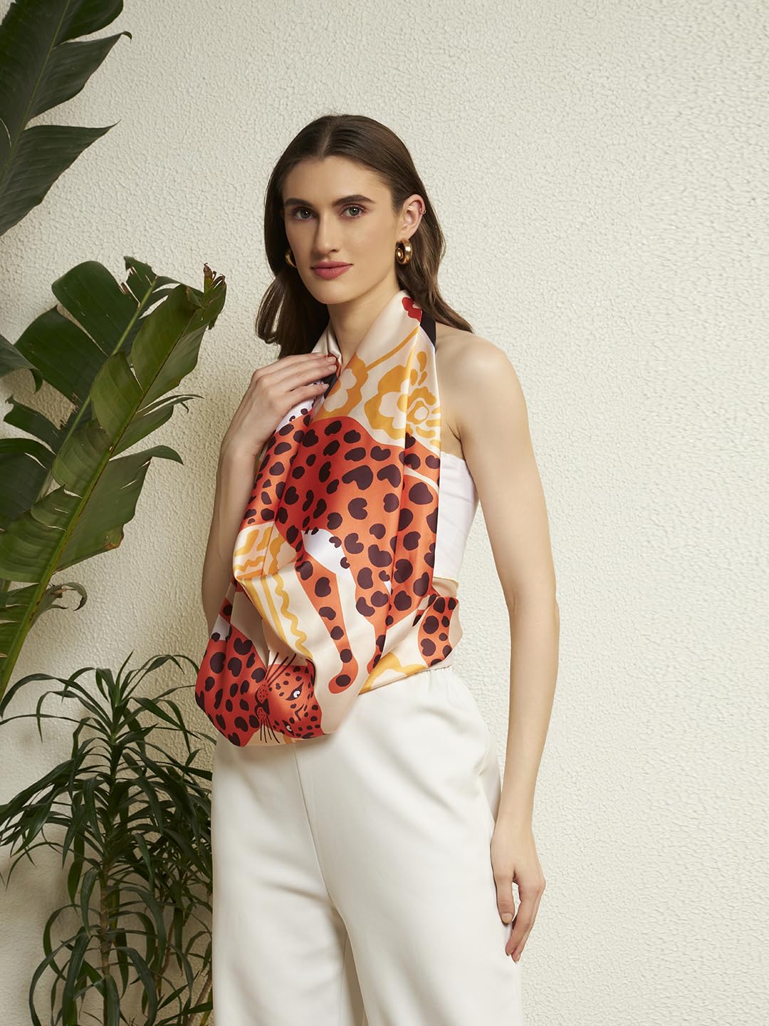Ravaiyaa - Attitude is everything Women Silk Digital Print Large Square Scarf Breathable Lightweight Neckerchief Printed Headscarf 40 x 40 Inch (Beige & Orange Leopard)