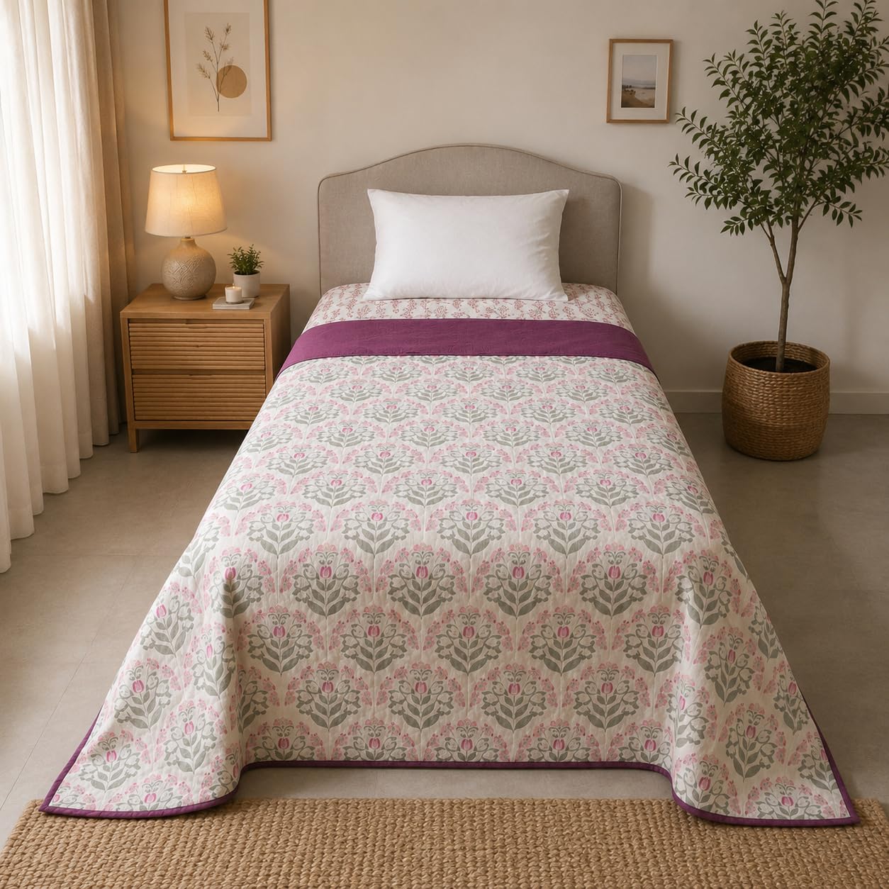 Linen Home Reversible Dohar Single Size Sequence Pink & Damson Berry Kafalo