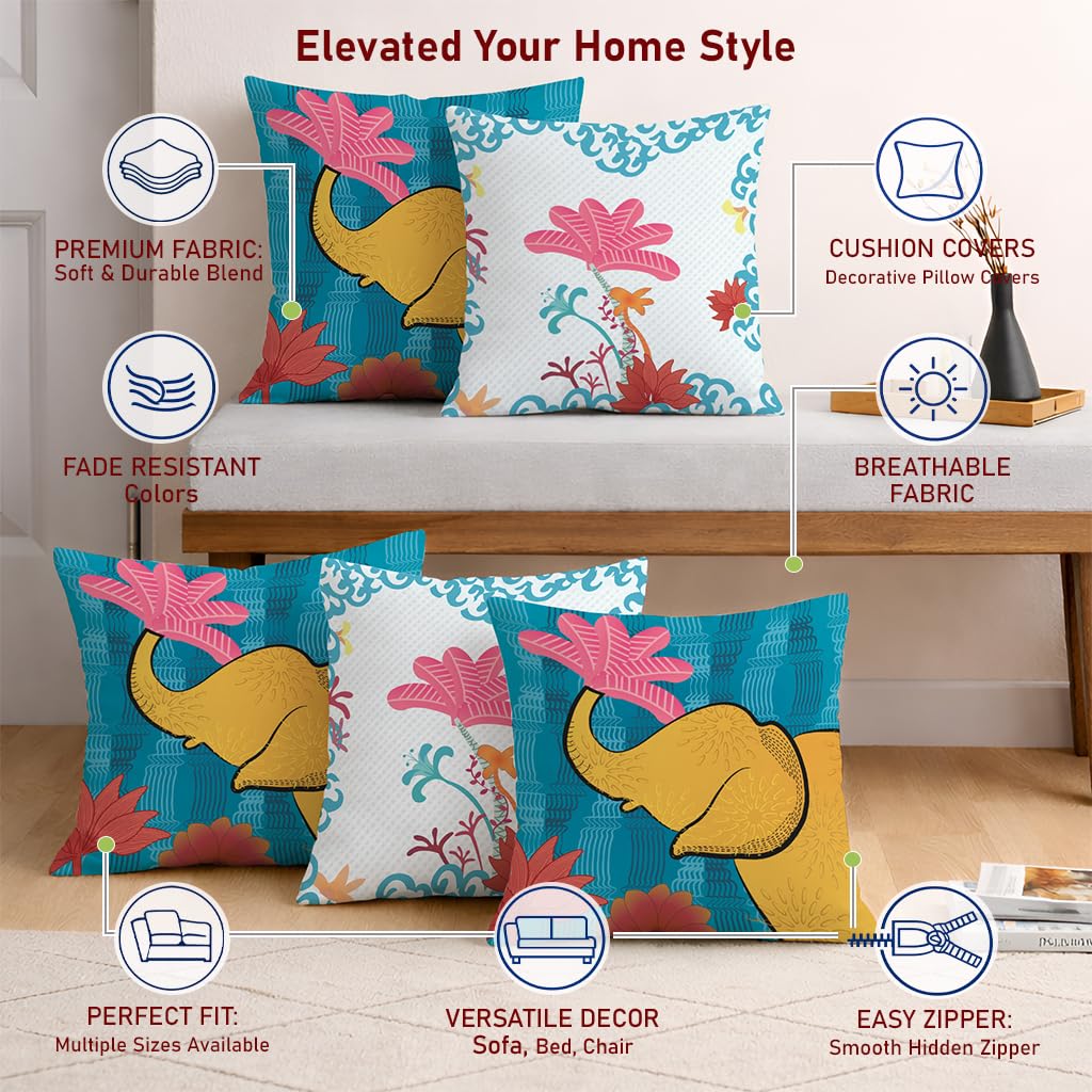 STITCHNEST Set of 5 Whimsical Wild Collection Printed Jute Cushion Covers 16x16 Inches | Decorative Throw Pillow Covers for Sofa, Living Room, Bedroom | Perfect for Home Decor