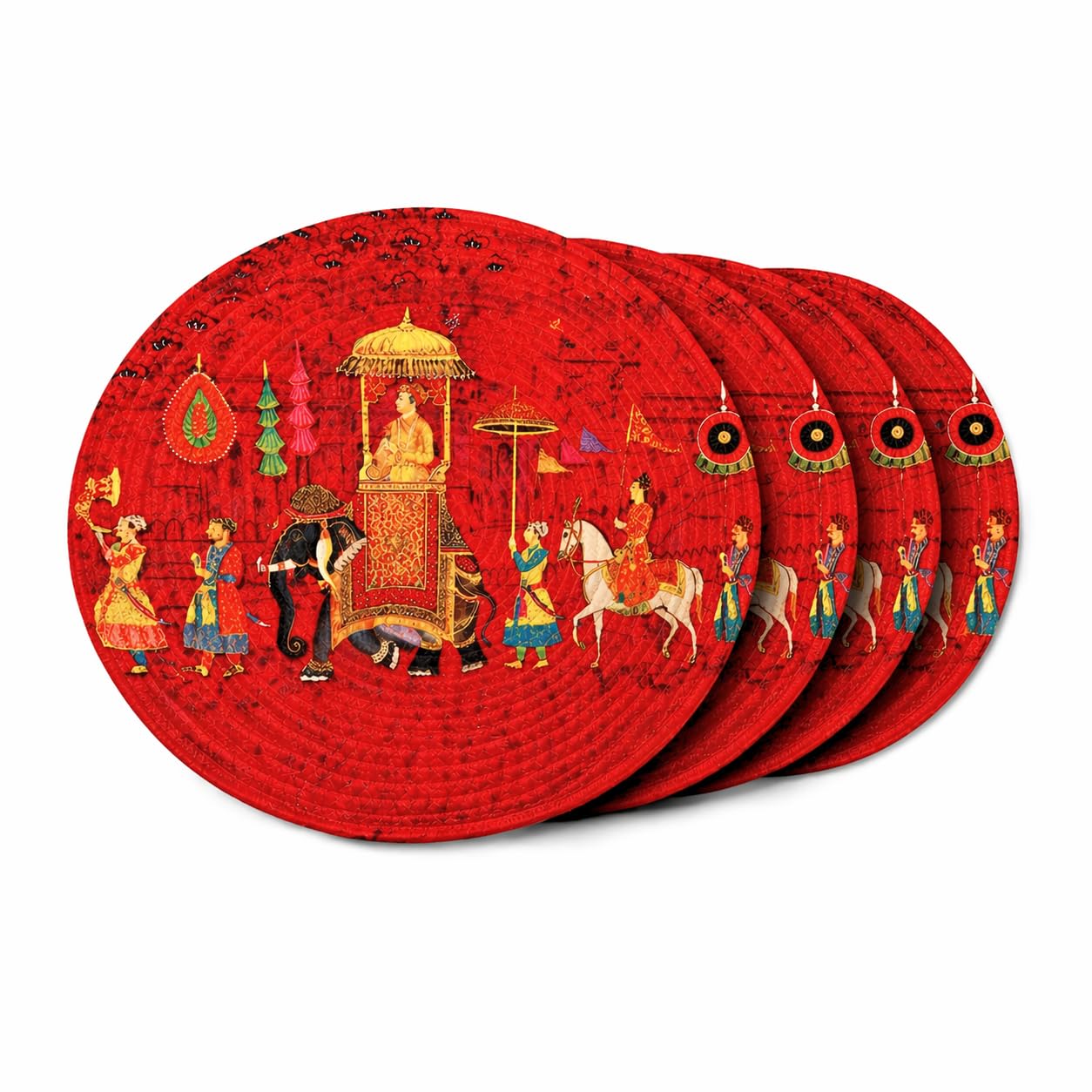 Premium Round Cotton Dining Table Mats Set of 4 | Washable Heat Resistant Food Mat | Circular Dining Table Hot Plate Mats & Coaster for Hot Utensil (14-inch, Printed Royal/Red) Kafalo