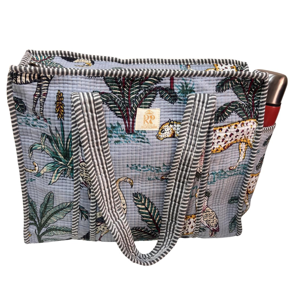 The House of RajPadmini Floral Quilted Cotton Shopping Tote Bag, 16x16 inches, Striped Trim, External Bottle Pocket (Animal Print Azure Blue (250 GSM Cotton))
