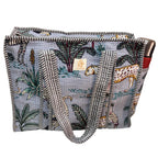 The House of RajPadmini Floral Quilted Cotton Shopping Tote Bag, 16x16 inches, Striped Trim, External Bottle Pocket (Animal Print Azure Blue (250 GSM Cotton))