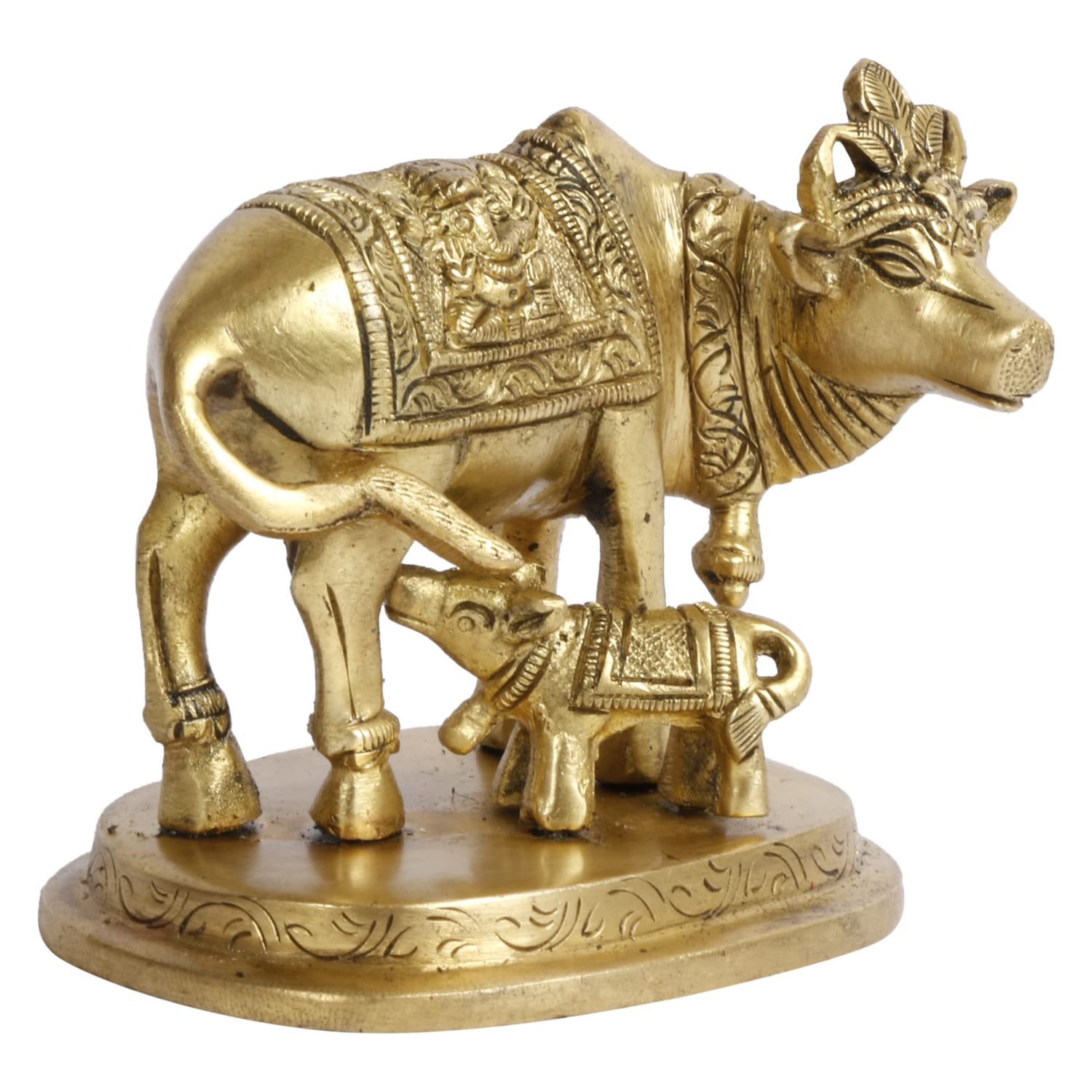 ARTVARKO Brass Cow and Calf Statue Nandi Kamdhenu Vastu Lakshmi Ganesha Carving on Gau MATA Idol,(9x6x7.5 cm)