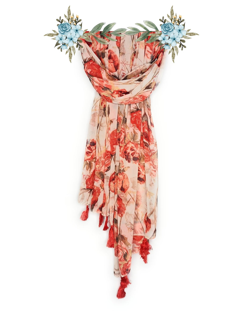 Chandwasia Fashion Floral Printed Scarf | Neck Shoulder Head Wrap Styling Dupatta Use | Polyester Chiffon Fabric Tassel Border Lightweight Soft Texture Pattern Women - Peach