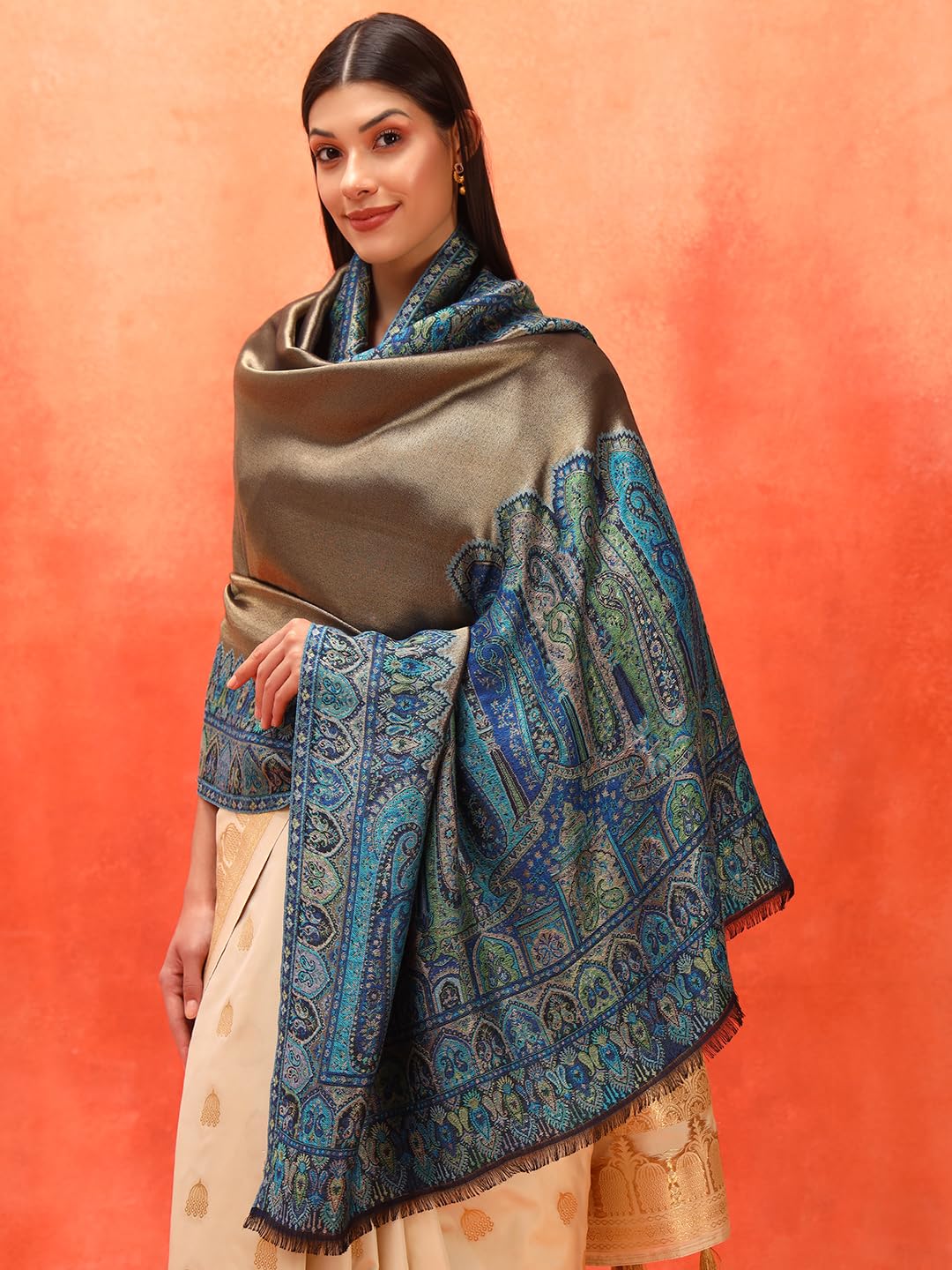 Pashmoda Women Zarvash Fine Wool Kaani Shawl, Authentic Kashmiri Luxury Pashmina Style Shawl, Stole, Medium Gents Lohi, Size (40x80 Inches, Blue Color) MZSS06