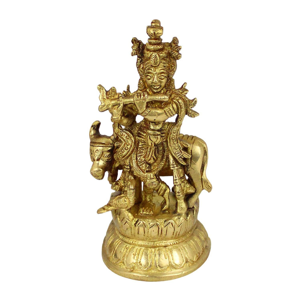 SVARUP Brass Krishna Bhagwan Idol with Gau MATA in Gold Color Height 4.5 Inch