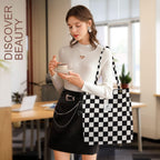 Kawn® Women Corduroy Tote Bag Canvas Shoulder Cord Purse Reusable Shopping Bag Grocery Bag Large Capacity Washable Handbag Girls Shoulder Bag with Inner Pocket For Daily Use Work Travel (Chess)