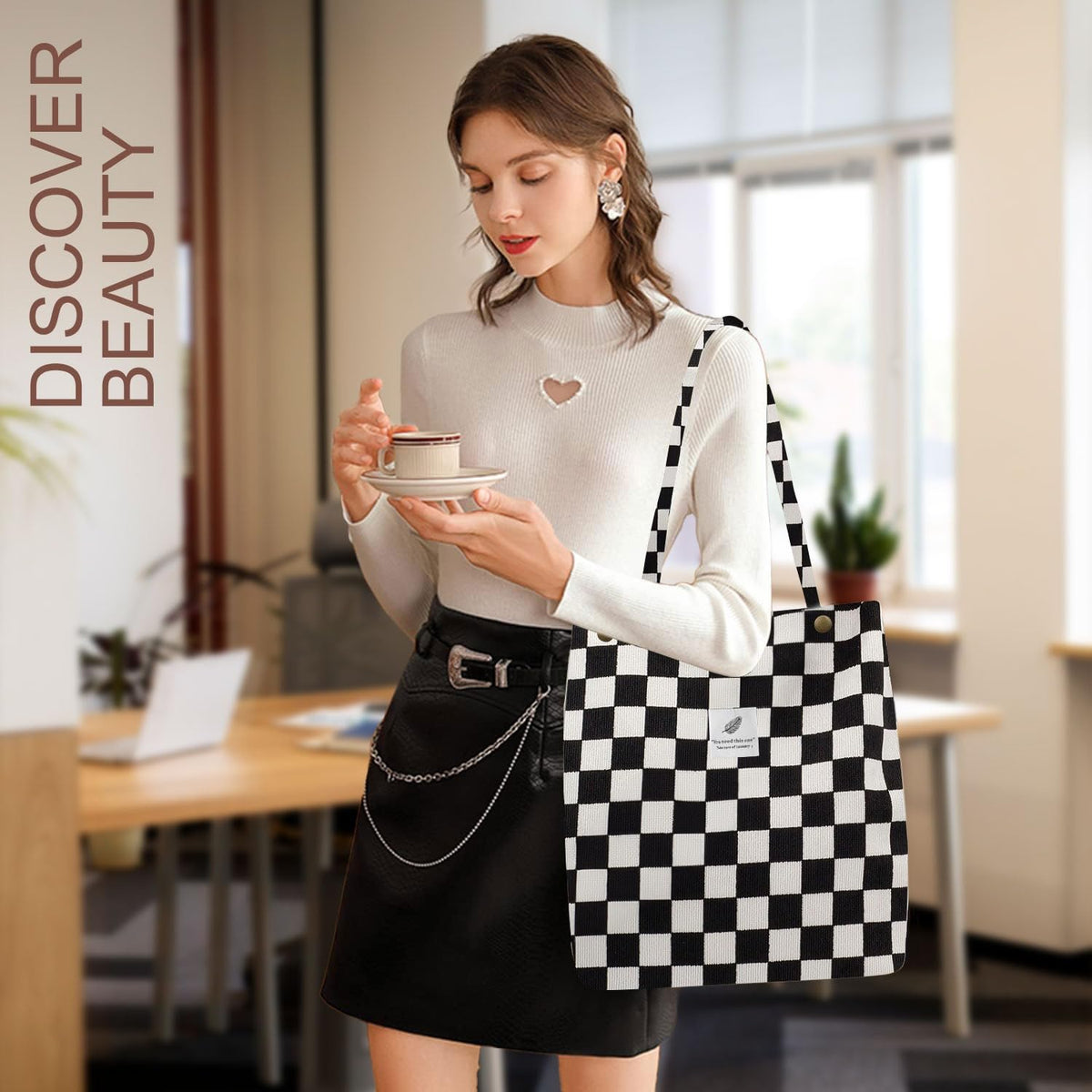 Kawn® Women Corduroy Tote Bag Canvas Shoulder Cord Purse Reusable Shopping Bag Grocery Bag Large Capacity Washable Handbag Girls Shoulder Bag with Inner Pocket For Daily Use Work Travel (Chess)
