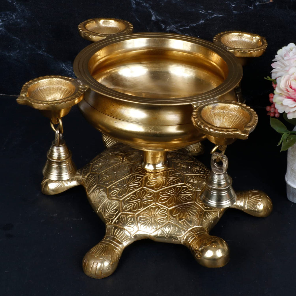 ARTVARKO Brass Urli Ethnic Traditional Tortoise Urli Diya with Bells Decorative Bowl for Flowers Home, Office, Living Room Decor 9 Inch.