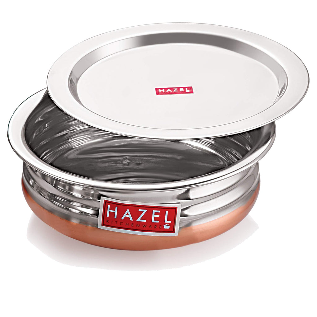 HAZEL Stainless Steel Kitchen Set with Lid | Copper Bottom Serving Bowl Set of 3, 800 ml, 1200 ml, 1600 ml with I Stainless Steel Vessels Tasra Kadai, Silver and Copper