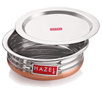 HAZEL Stainless Steel Kitchen Set with Lid | Copper Bottom Serving Bowl Set of 3, 800 ml, 1200 ml, 1600 ml with I Stainless Steel Vessels Tasra Kadai, Silver and Copper