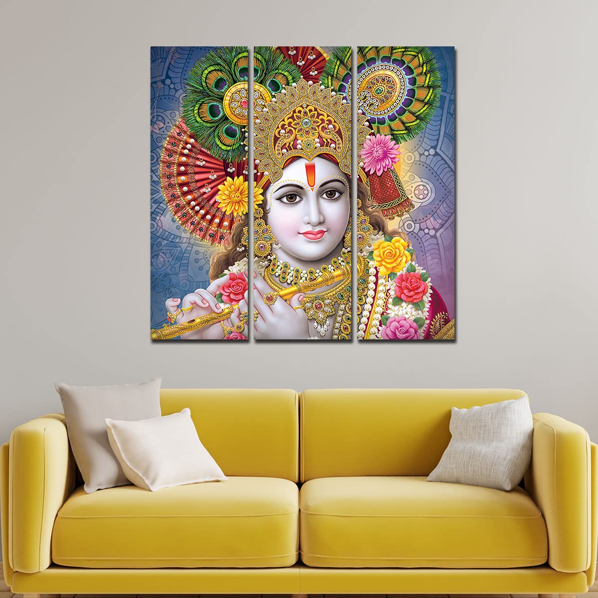 VIBECRAFTS 3 Pieces Beautiful Kanha Ji Canvas Wall Painting Fitted With Wooden Frame For Home | Office | Living Room | Gifts (PTVC3Pcs1_9552)